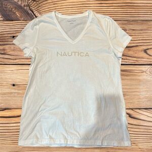 Nautica Ladies' Studded Logo Tee V-neck Short Sleeve Shirt  Size L White Color